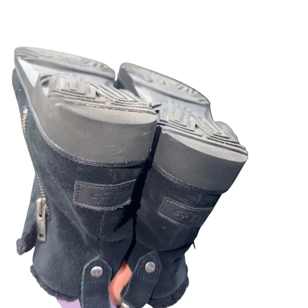 UGG Lorna Mini Zip Boots Black Suede Shearling Womens 8.5 Waterproof